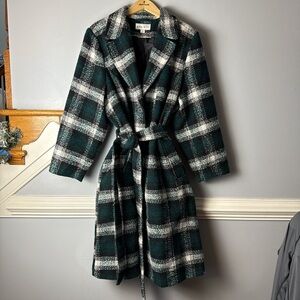 Ava & Viv Dark Green and White Plaid Belted Trench Coat